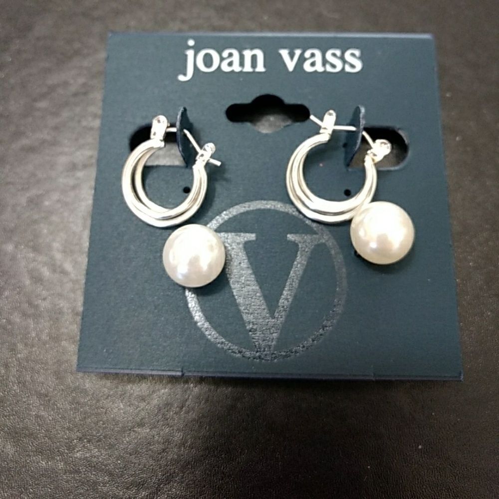 Joan Vass silver tone hoop and faux pearl earrings